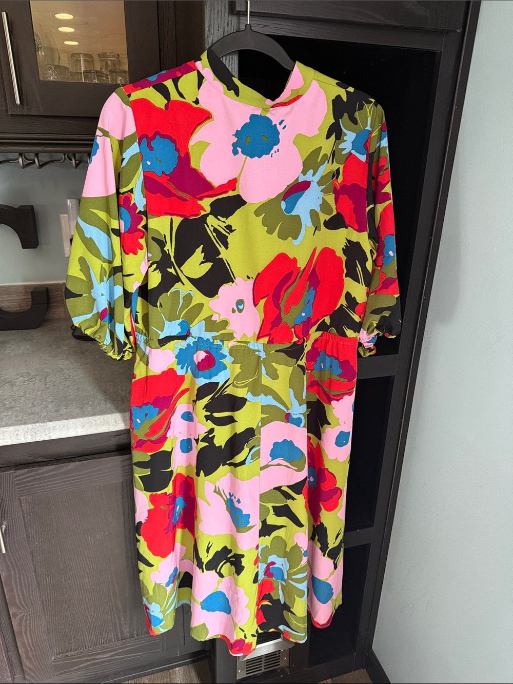 52SEVEN Retro Olive Multicolor Floral Midi Dress with Tie Waist - Picture 2 of 5